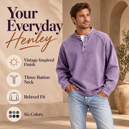 Vintage Wash Henley Sweatshirt | Casual Loose Fit Long Sleeve Top