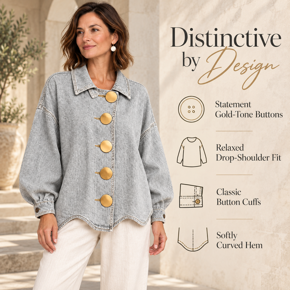 Boho Textured Denim Jacket - Loose Fit Lantern Sleeve Jacket with Oversized Gold Buttons