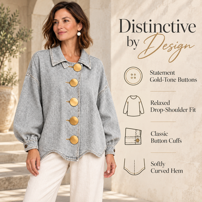 Boho Textured Denim Jacket - Loose Fit Lantern Sleeve Jacket with Oversized Gold Buttons