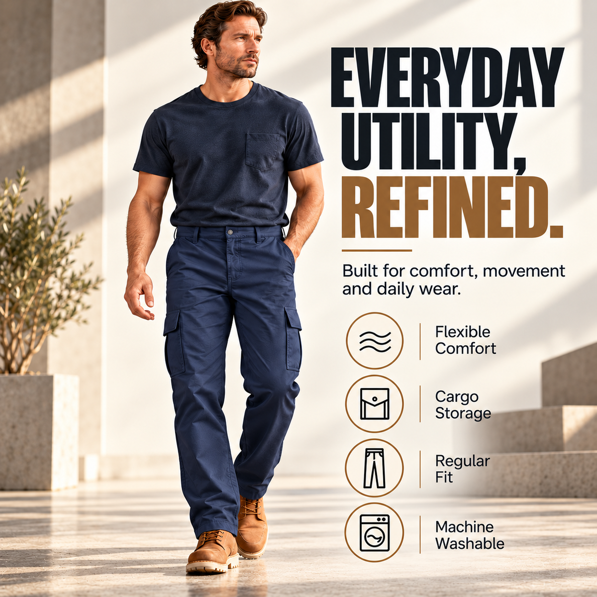 Men’s Flexible Stretch Regular Fit Cargo Pants | Comfort Straight Leg Work Pants with Expandable Pockets