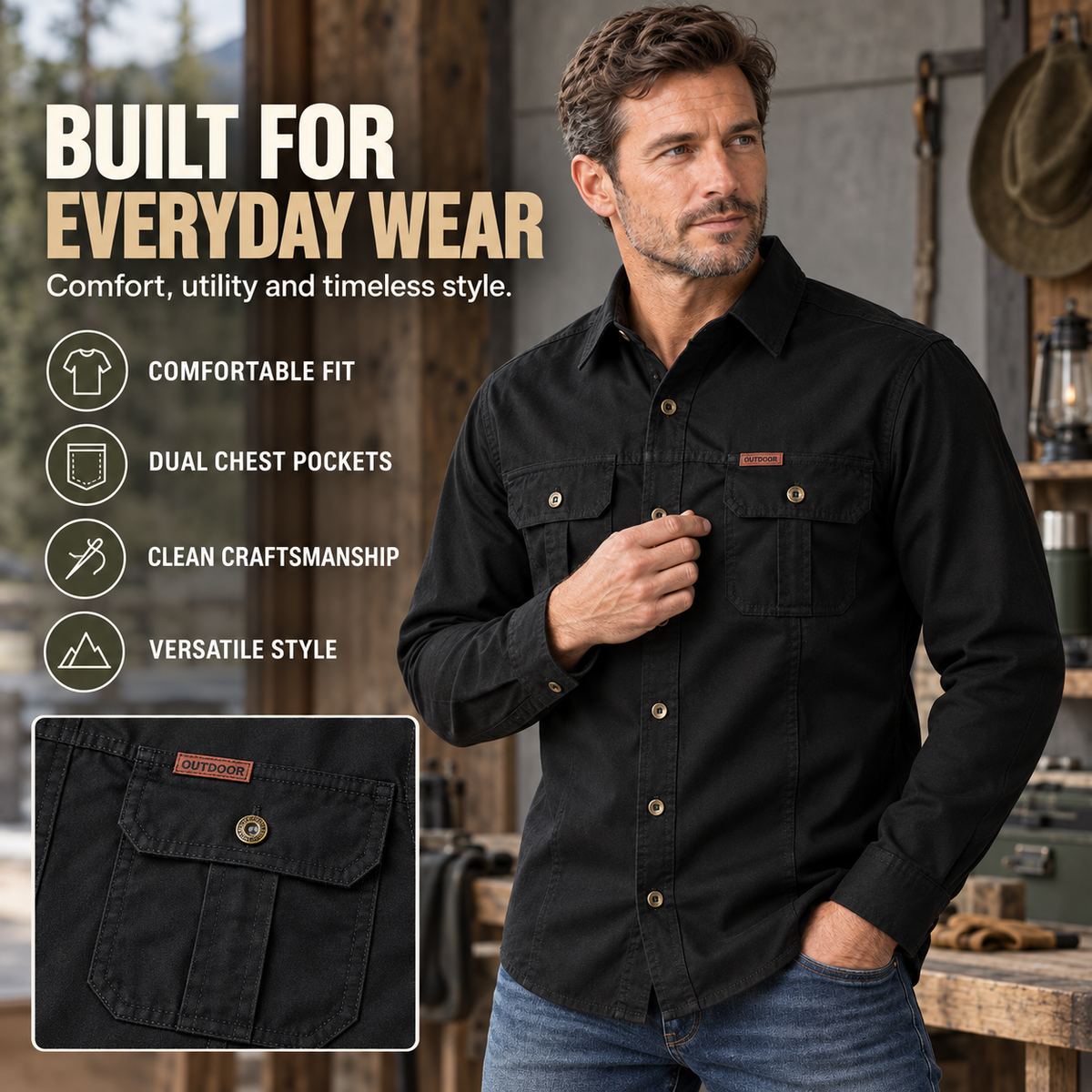 Men’s Rugged Utility Shirt – Long Sleeve Button-Up with Dual Chest Pockets