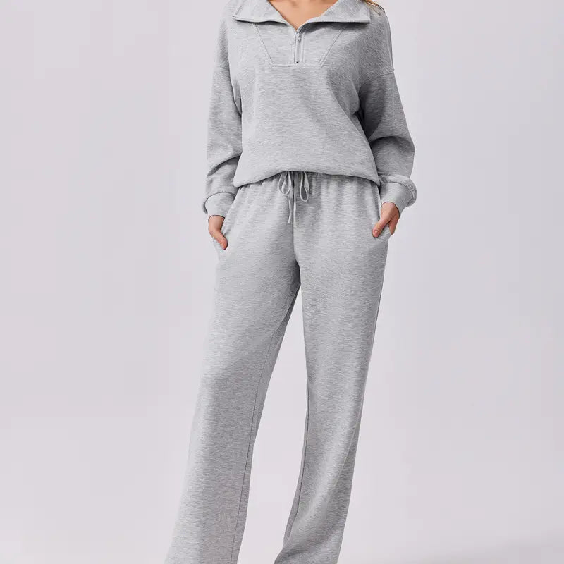 Women’s Half-Zip Two-Piece Sweatsuit – Wide-Leg Lounge Set