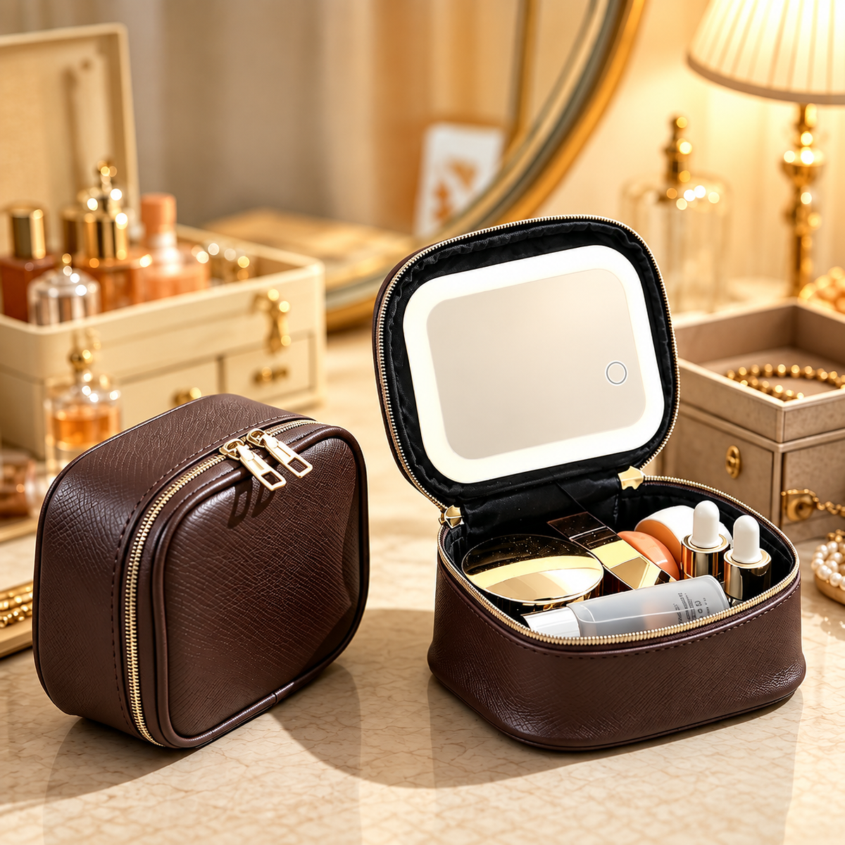 Portable Leopard Print Makeup Bag with Mirror and Light for Women