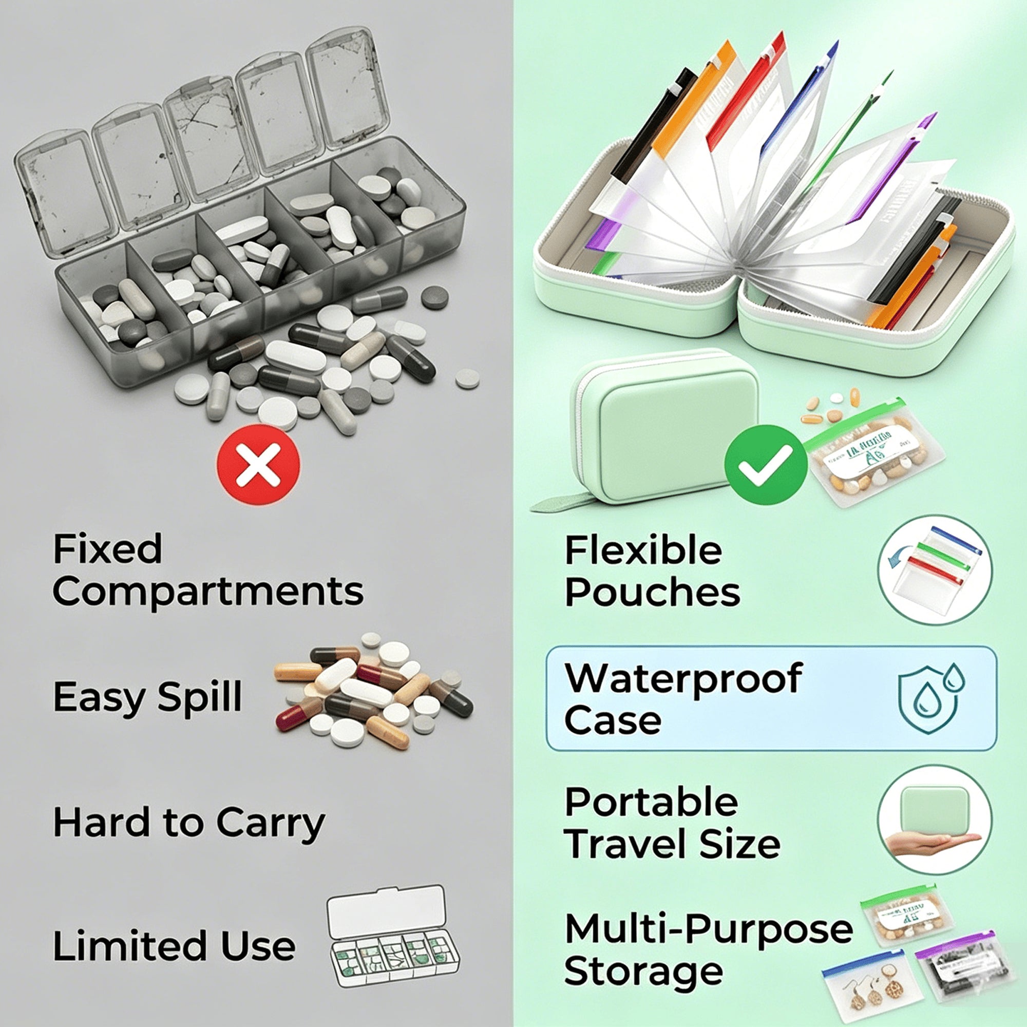 ✈️ Travel Light & Smart | A8 Waterproof Weekly Pill Pouch Set with 14 Color-Coded Pouches 💊