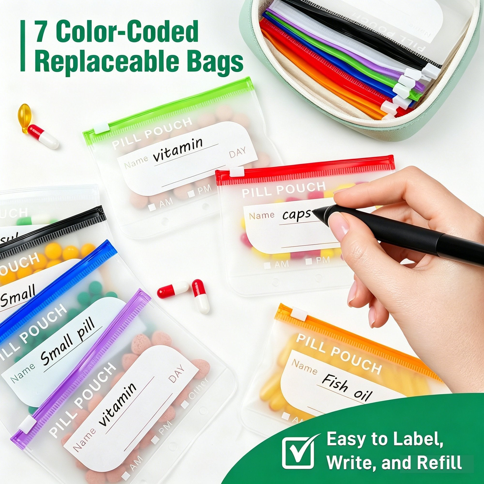 ✈️ Travel Light & Smart | A8 Waterproof Weekly Pill Pouch Set with 14 Color-Coded Pouches 💊
