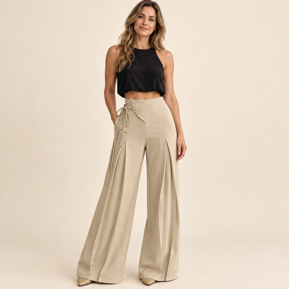 Women's High-Waist Asymmetric Lace-Up Wide-Leg Pants – Flattering Sculpted Fit