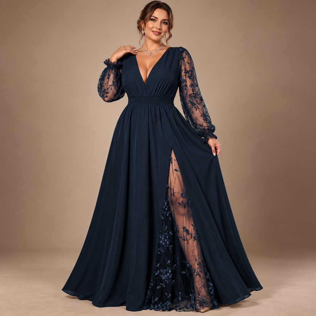Plus Size Lace Sleeve Deep V-Neck A-Line Maxi Dress