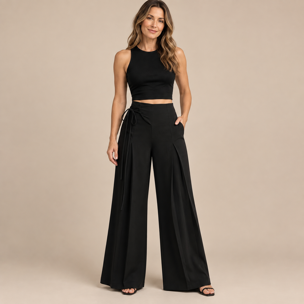 Women's High-Waist Asymmetric Lace-Up Wide-Leg Pants – Flattering Sculpted Fit