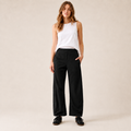 Women's Mid Rise Barrel Leg Pants, Elastic Waist Baggy Casual Trousers with Pockets
