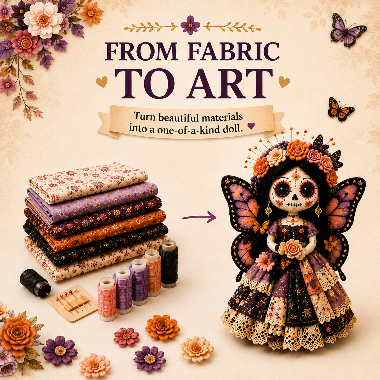 DIY Day of the Dead Butterfly Skull Doll Sewing Kit – Complete Craft Set