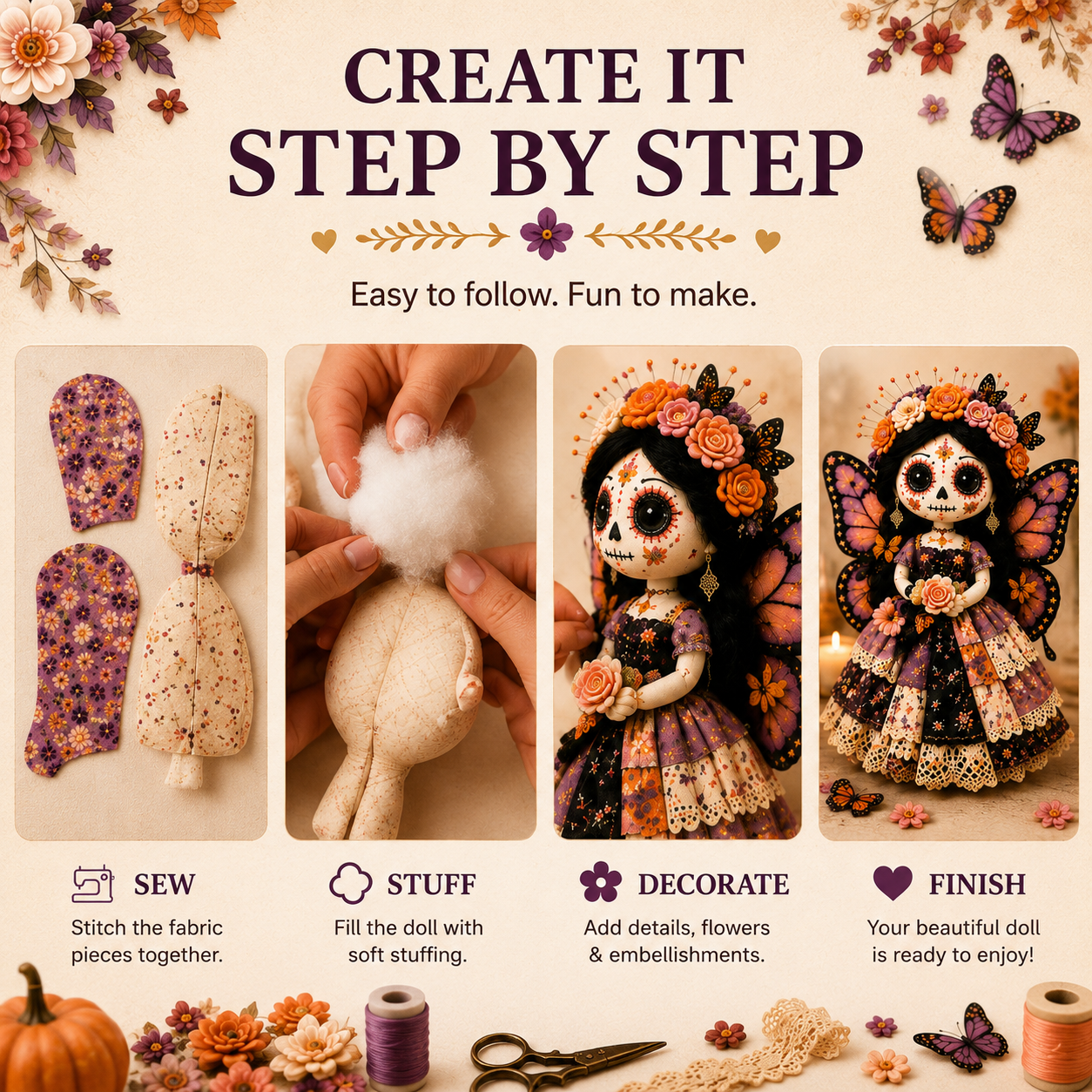 DIY Day of the Dead Butterfly Skull Doll Sewing Kit – Complete Craft Set