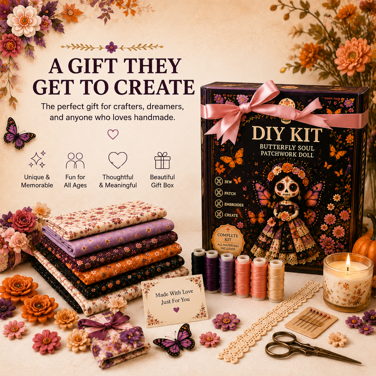 DIY Day of the Dead Butterfly Skull Doll Sewing Kit – Complete Craft Set
