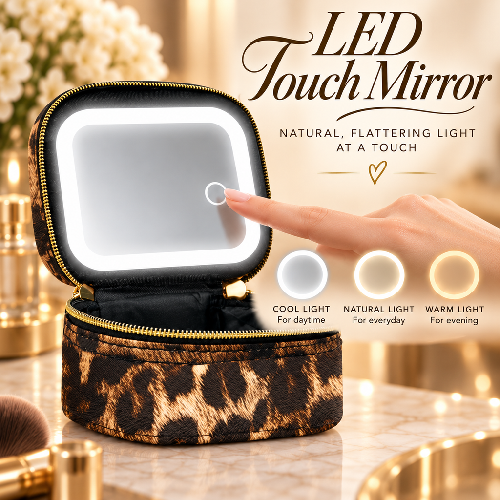 Portable Leopard Print Makeup Bag with Mirror and Light for Women