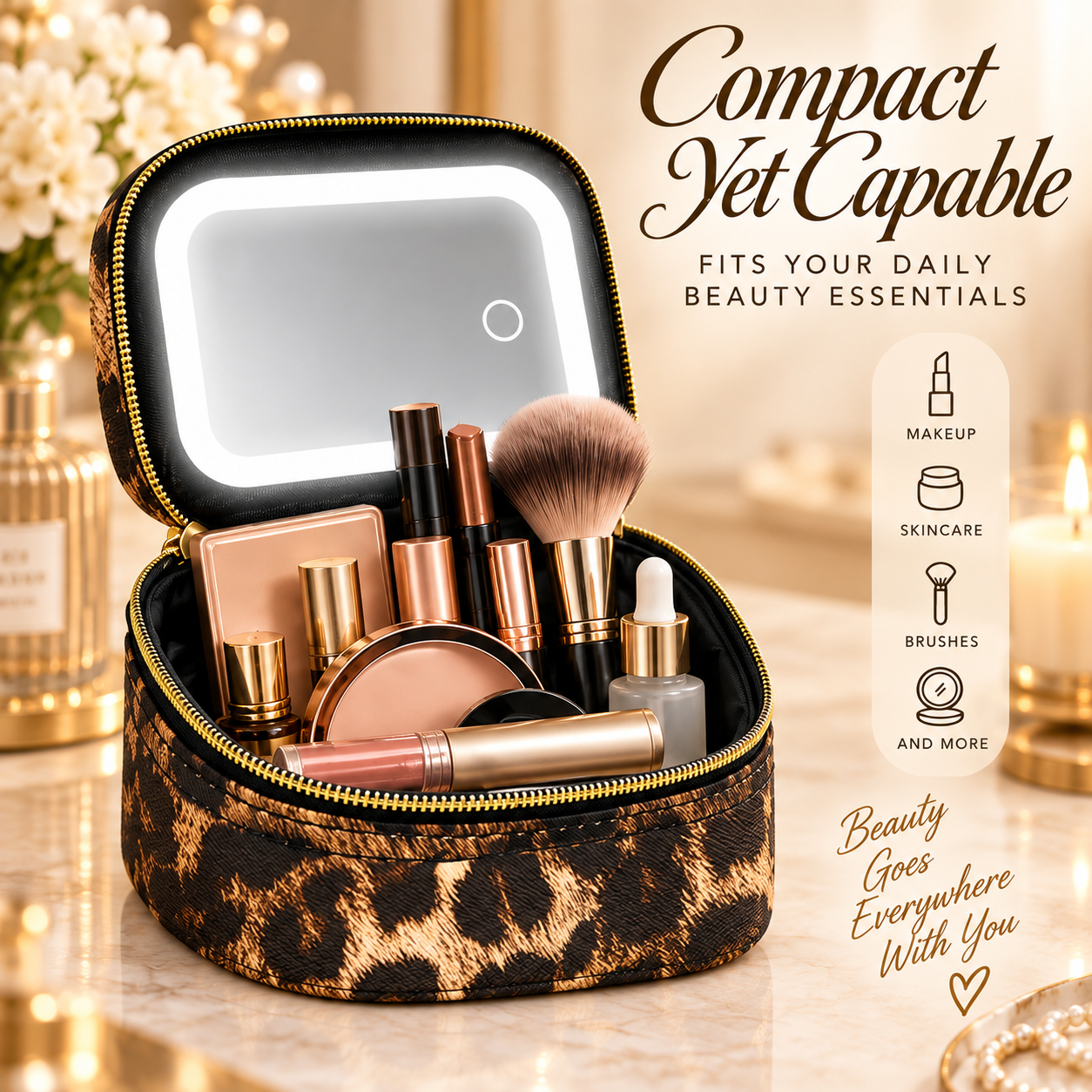 Portable Leopard Print Makeup Bag with Mirror and Light for Women