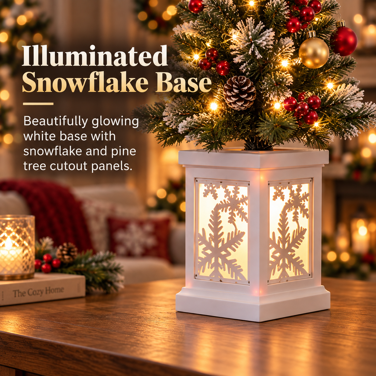 Mini Tabletop Christmas Tree—Warm White String Lights and An Illuminated Snowflake Base