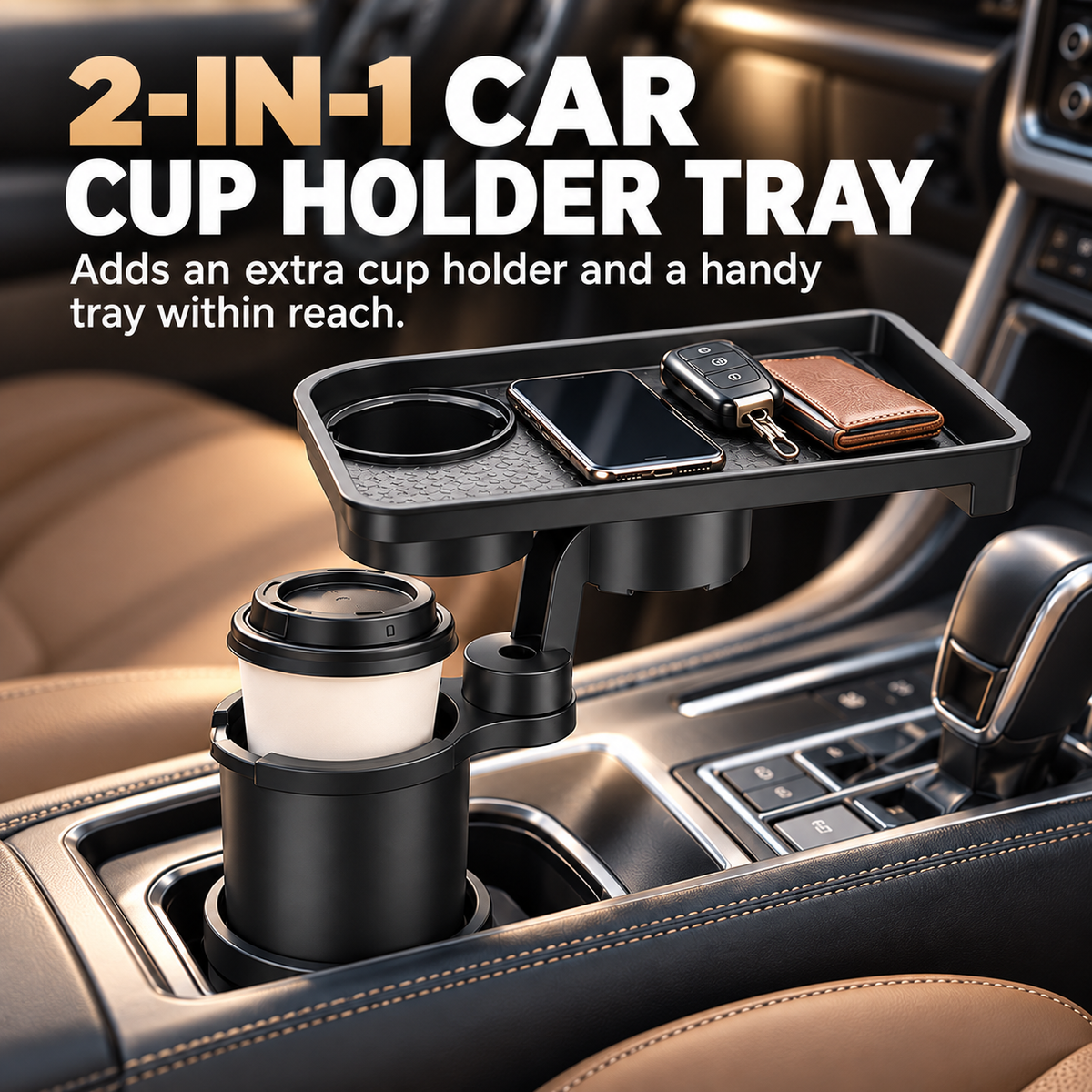 2-in-1 Rotating Car Cup Holder Tray & Console Organizer