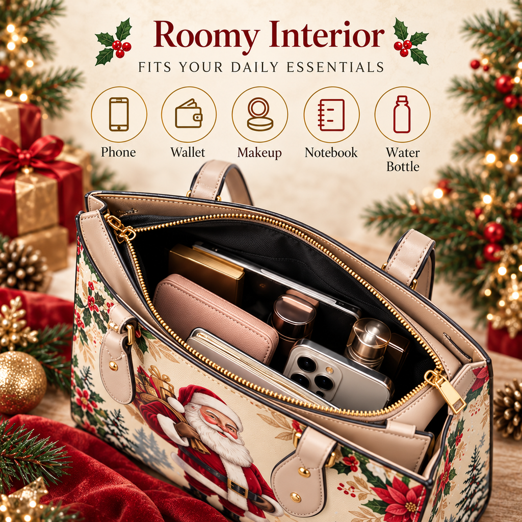 Christmas-Themed Holiday Handbag - Large Capacity, Made of Leather