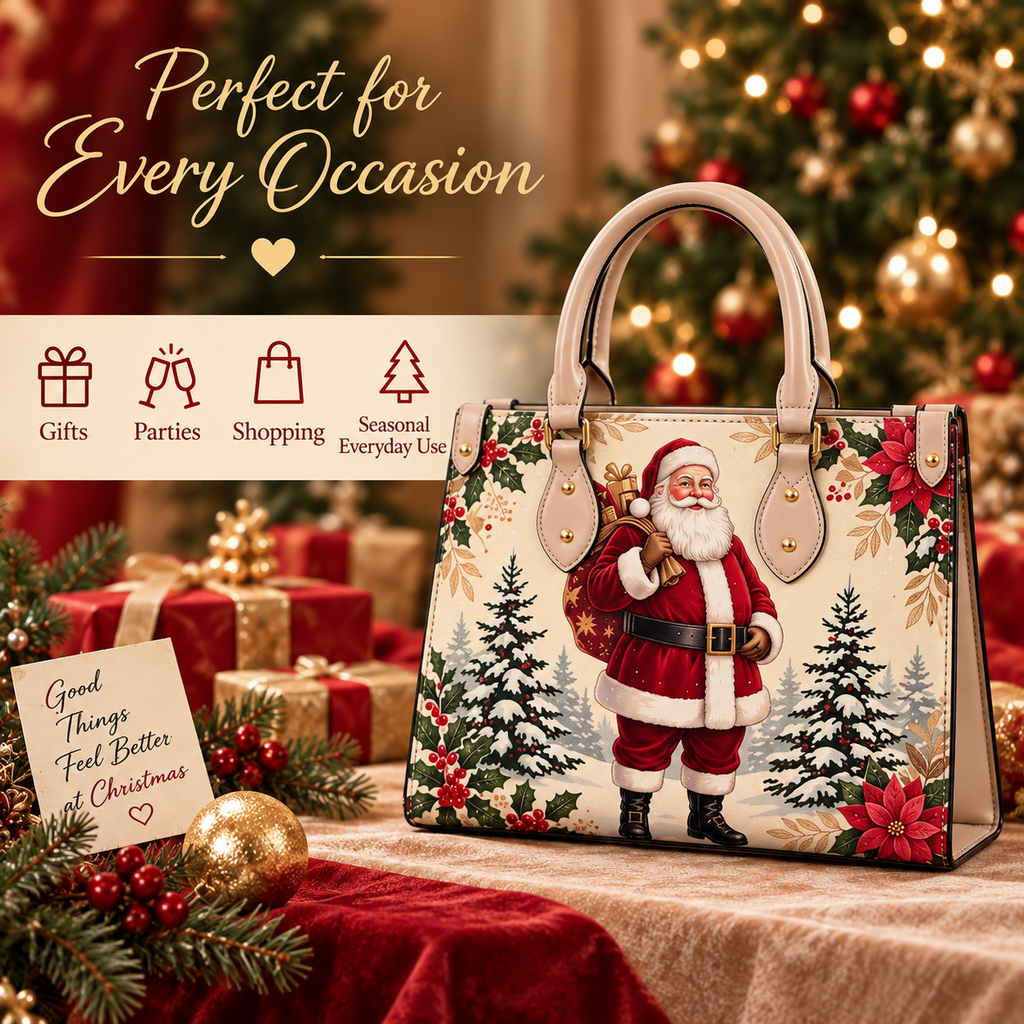 Christmas-Themed Holiday Handbag - Large Capacity, Made of Leather
