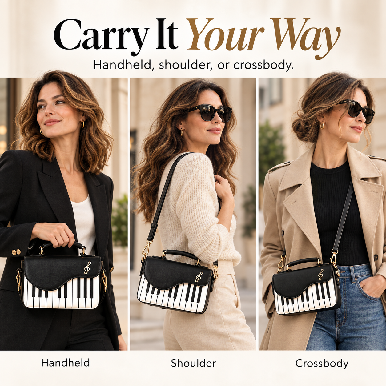 Piano Key Pattern Women's Crossbody Shoulder Bag - Large Capacity Handbag