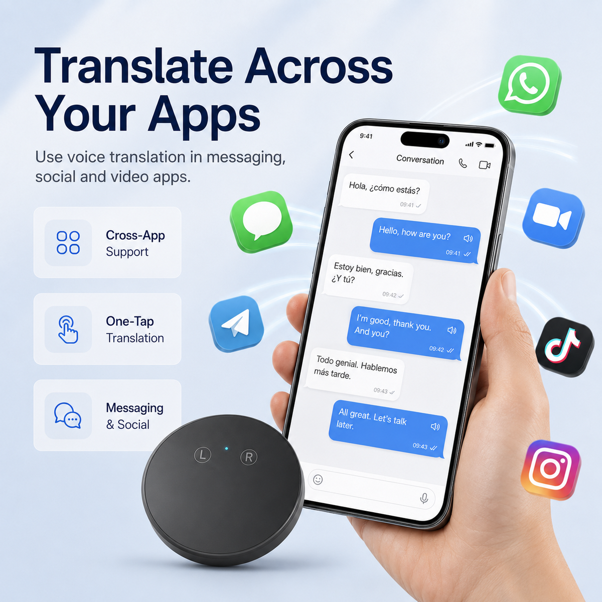 Wearable 165-Language Two-Way Voice Translator with AI Language Tutor