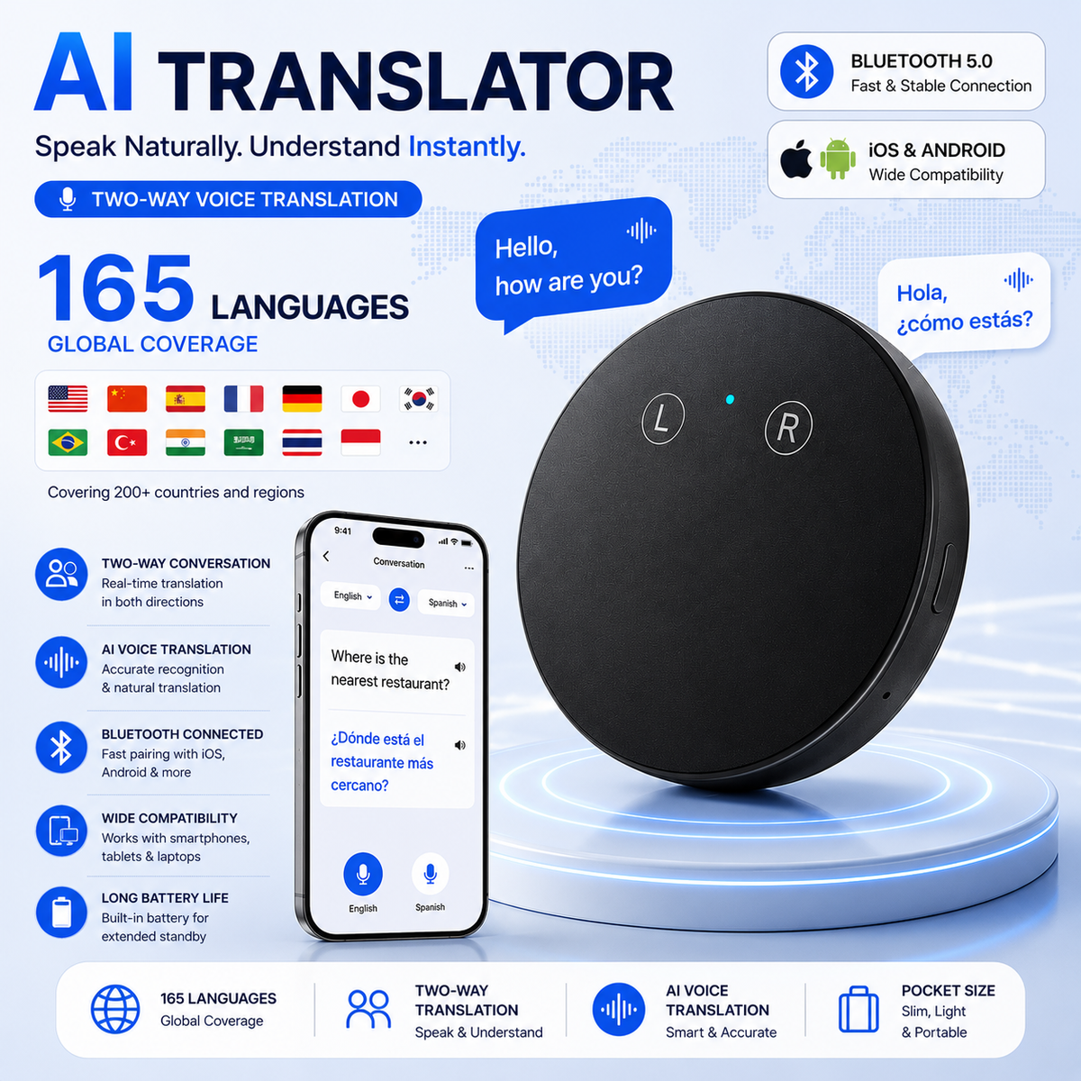 Wearable 165-Language Two-Way Voice Translator with AI Language Tutor