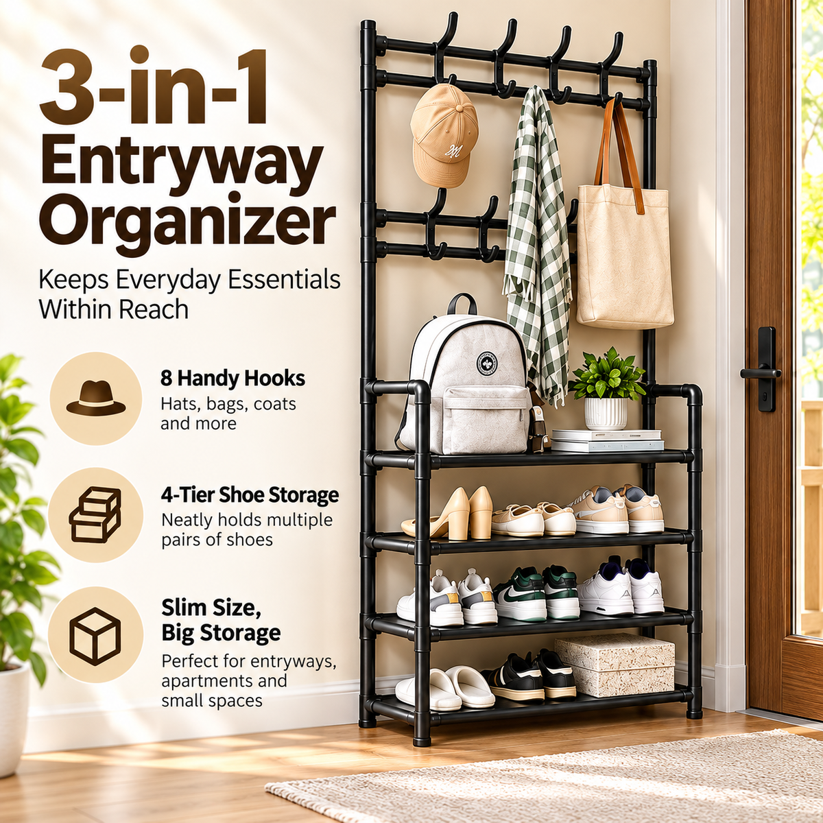 ✨️3-in-1 Entryway Organizer with 4-Tier Shoe Rack, Coat Rack & 8 Hooks✨️
