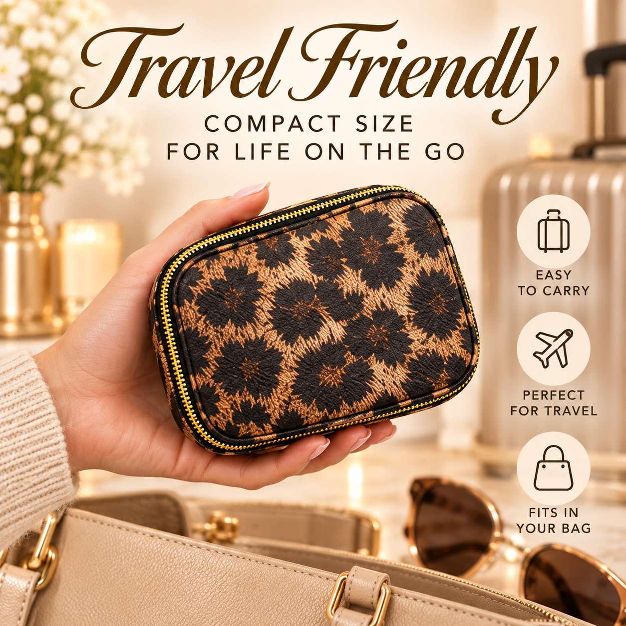 Portable Leopard Print Makeup Bag with Mirror and Light for Women