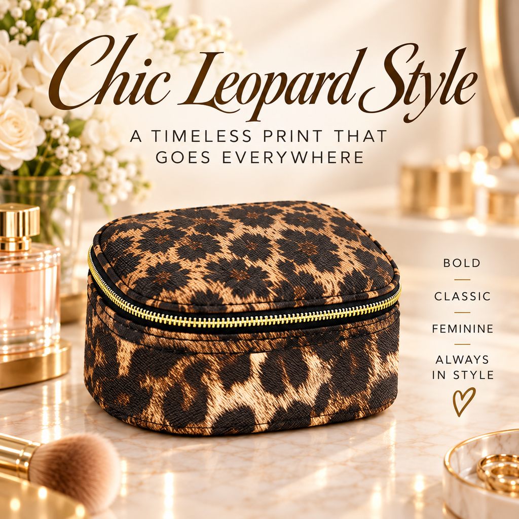 Portable Leopard Print Makeup Bag with Mirror and Light for Women