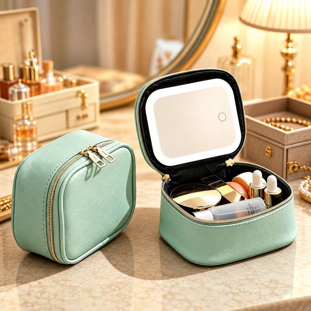 Portable Leopard Print Makeup Bag with Mirror and Light for Women