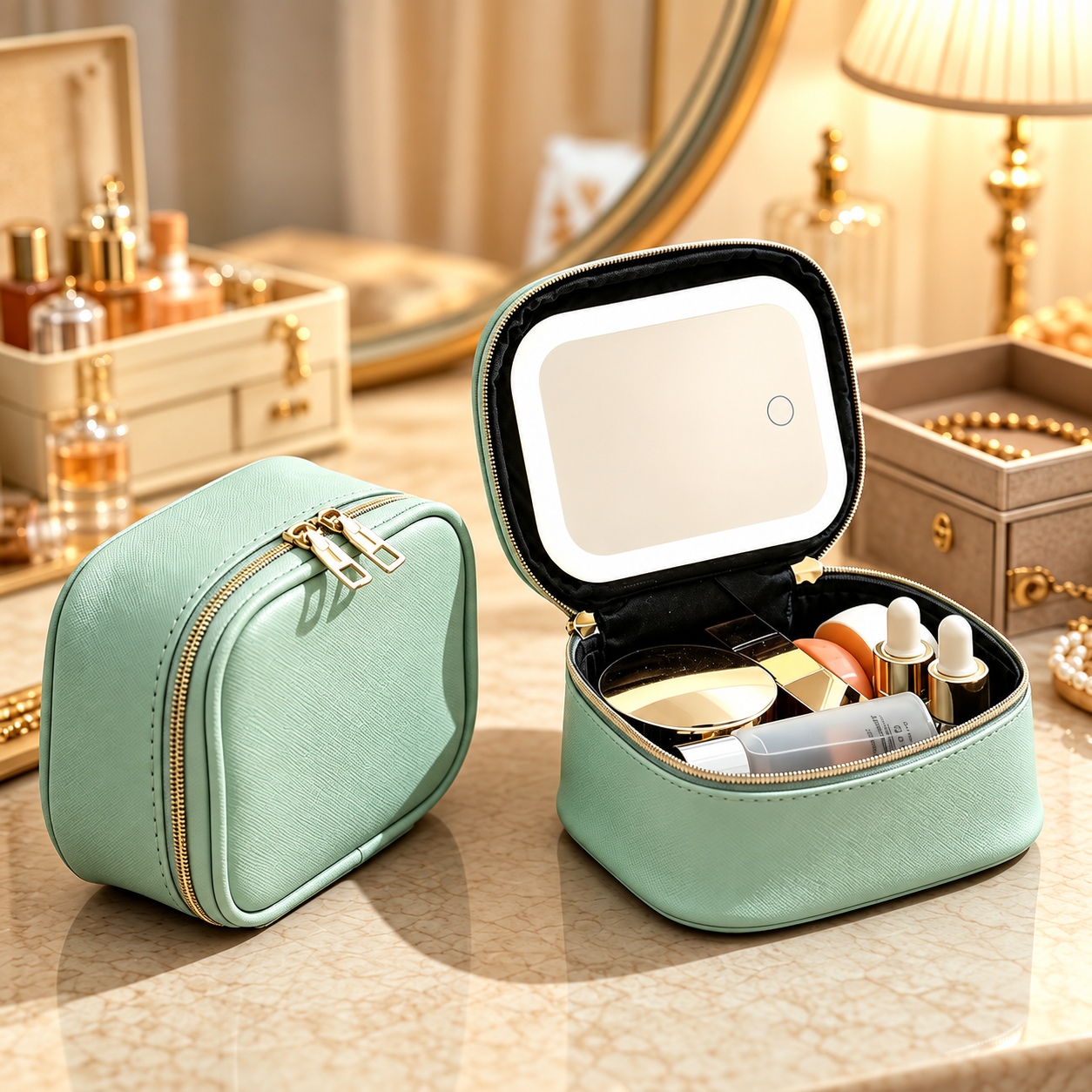Portable Leopard Print Makeup Bag with Mirror and Light for Women