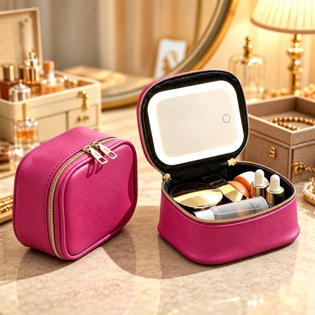 Portable Leopard Print Makeup Bag with Mirror and Light for Women