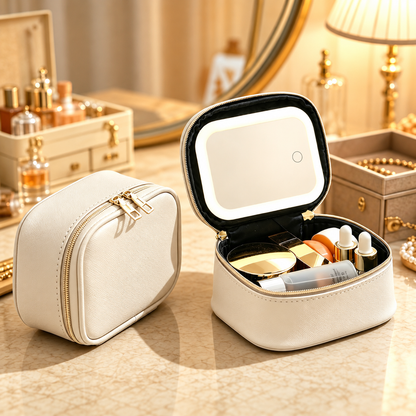 Portable Leopard Print Makeup Bag with Mirror and Light for Women