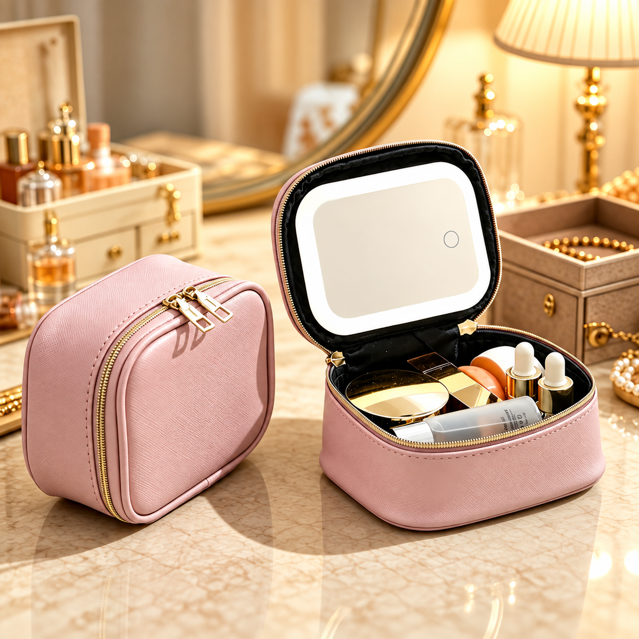 Portable Leopard Print Makeup Bag with Mirror and Light for Women