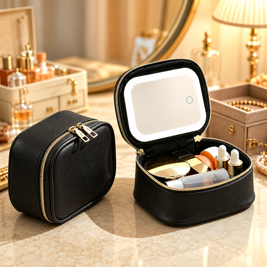 Portable Leopard Print Makeup Bag with Mirror and Light for Women