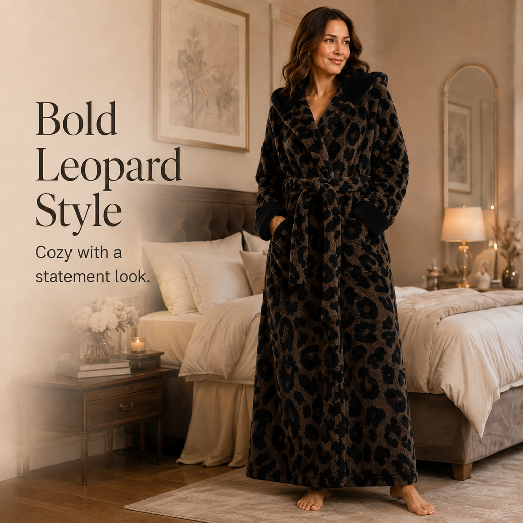 Treavhds™ Hooded Long Leopard Print Bathrobe - Thickened Flannel Fabric