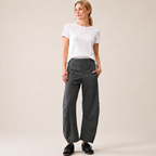 Women's Mid Rise Barrel Leg Pants, Elastic Waist Baggy Casual Trousers with Pockets
