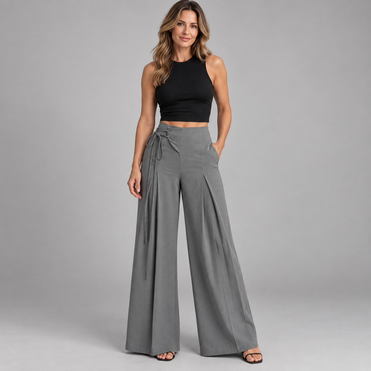 Women's High-Waist Asymmetric Lace-Up Wide-Leg Pants – Flattering Sculpted Fit