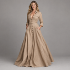 Women's Long-Sleeve Collared Button-Front Maxi Dress