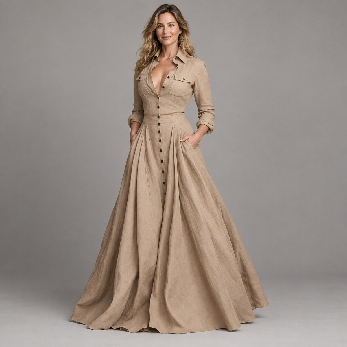 Women's Long-Sleeve Collared Button-Front Maxi Dress