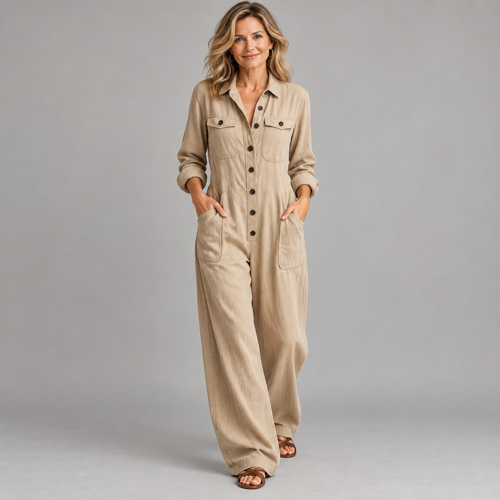 Women's 2026 New French Style Button-Front Full-Length Workwear Jumpsuit