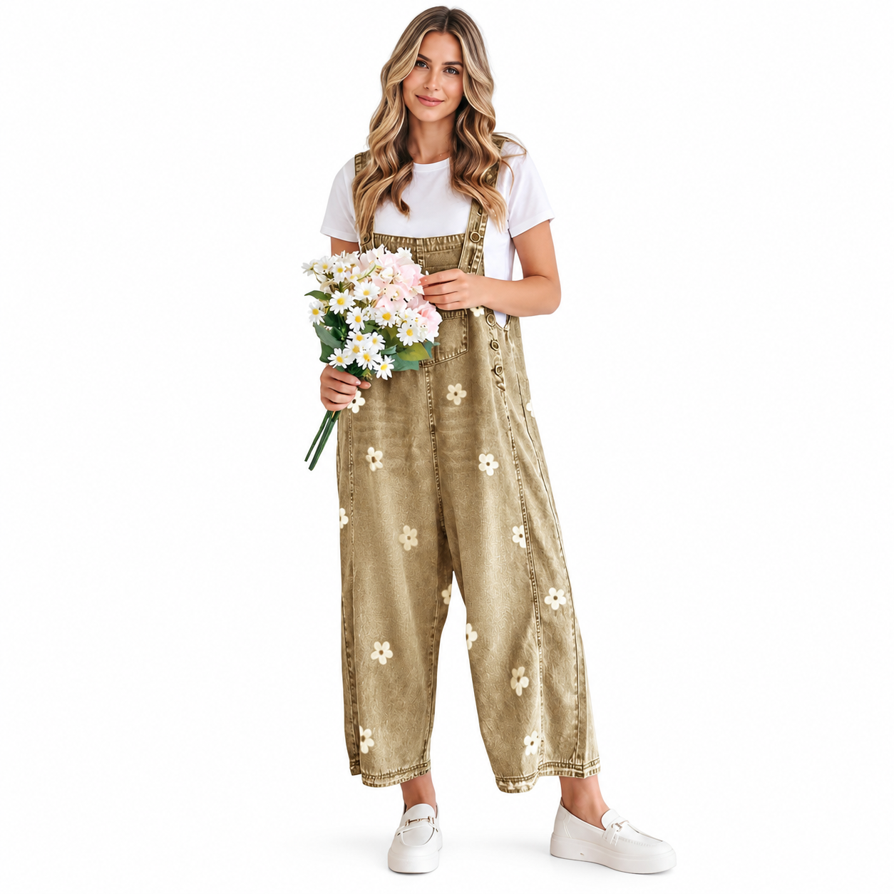 Women's Bib Overalls, Cute Floral Print Denim Jumpsuit with Baggy Wide Leg and Adjustable Straps, Fashion Apparel Chic Pants