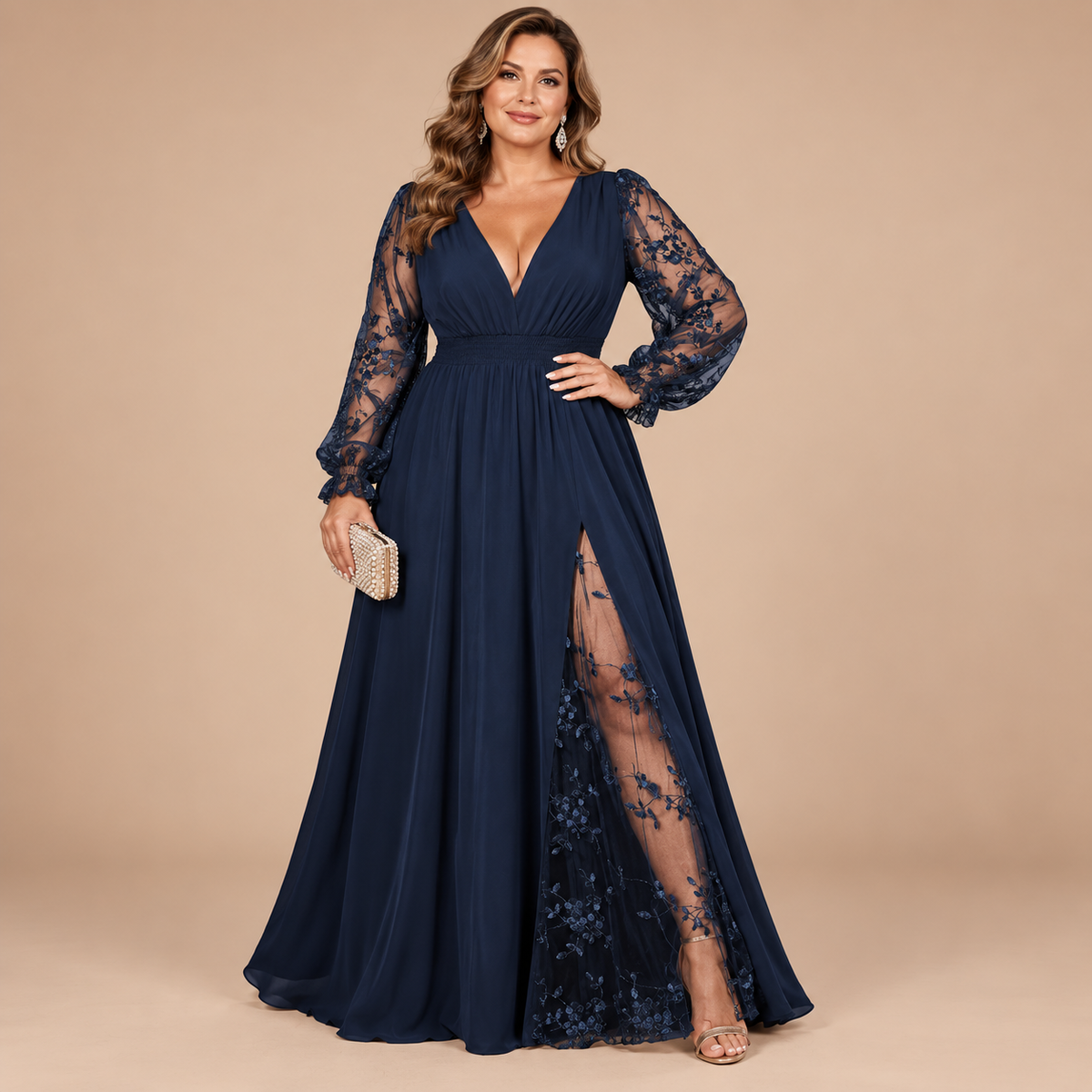 Plus Size Lace Sleeve Deep V-Neck A-Line Maxi Dress