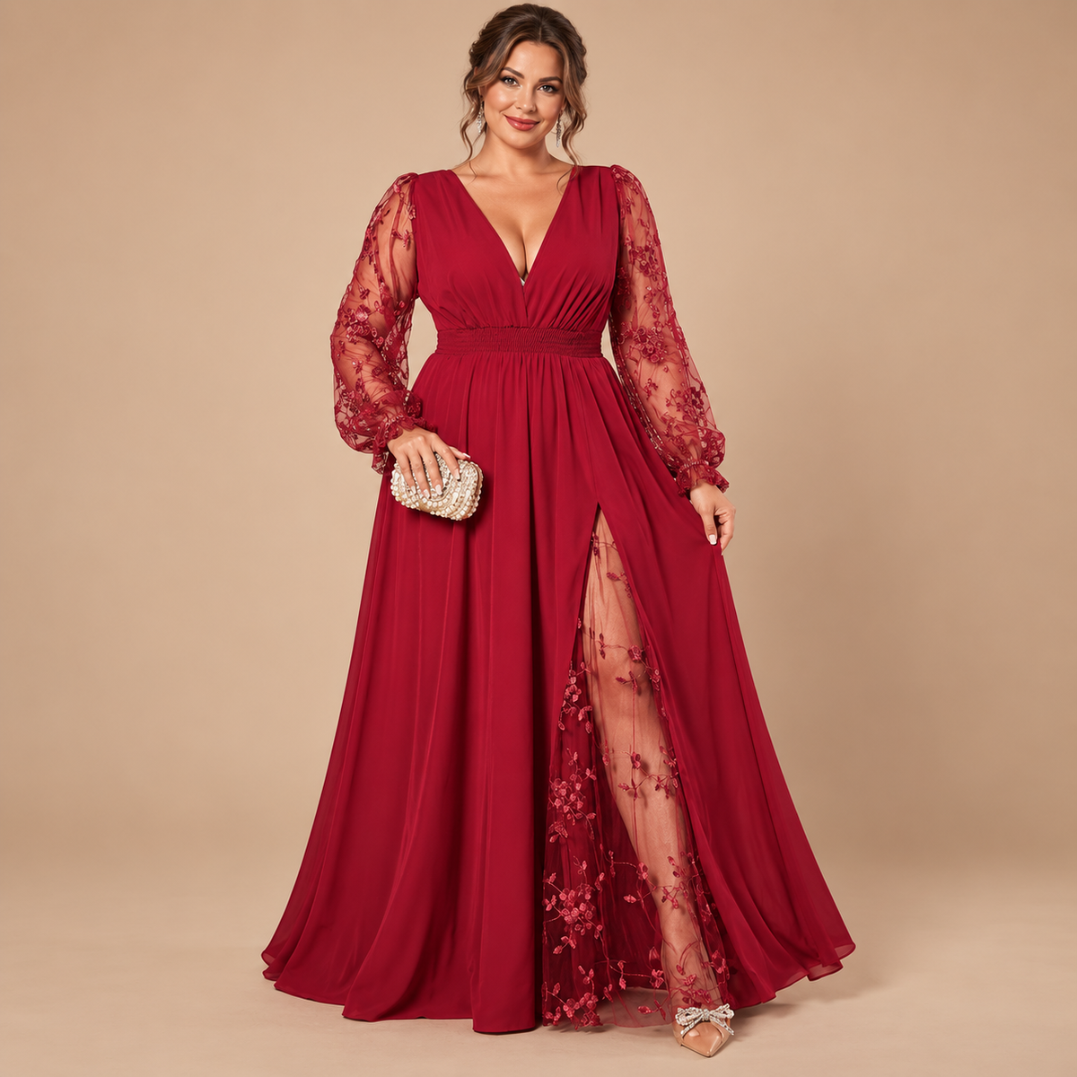 Plus Size Lace Sleeve Deep V-Neck A-Line Maxi Dress