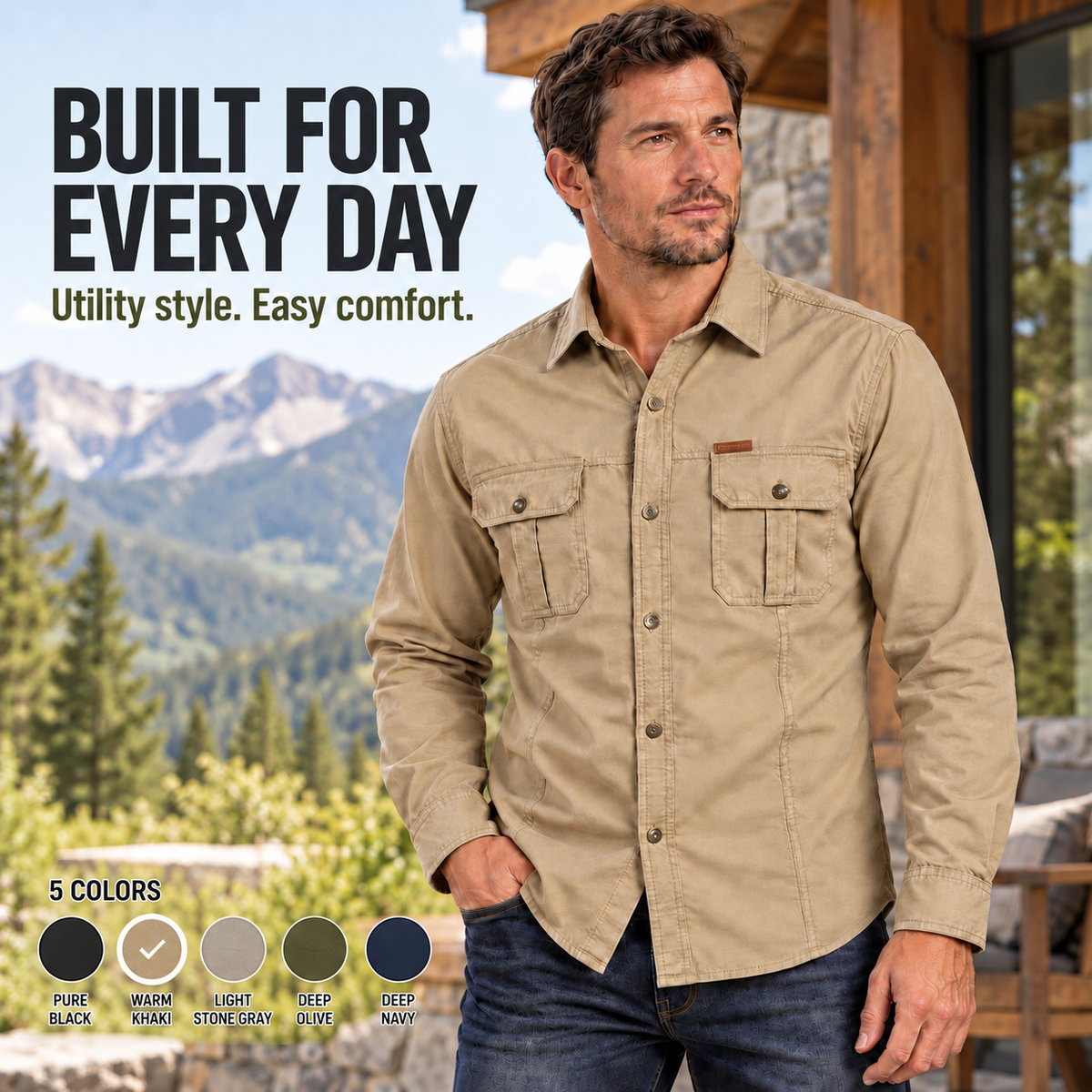 Men’s Rugged Utility Shirt – Long Sleeve Button-Up with Dual Chest Pockets