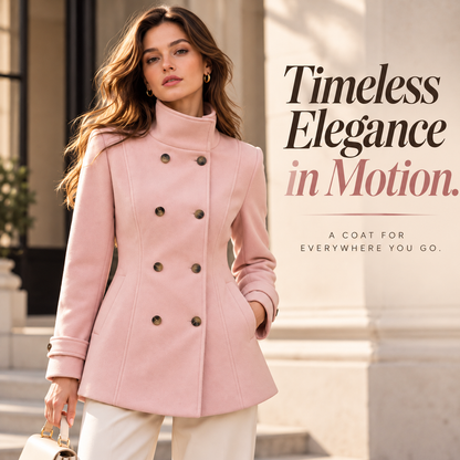 🌸 Women's Elegant Double-Breasted Coat – Flattering Tailored Waist, Stand Collar & Flared Hem