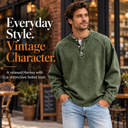 Vintage Wash Henley Sweatshirt | Casual Loose Fit Long Sleeve Top