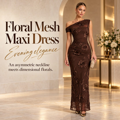 Elegant Asymmetric One-Shoulder 3D Floral Mesh Maxi Dress for Evening Formal Events