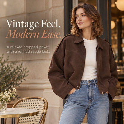 🍂 Women's Vintage Faux Suede Jacket – Oversized Cropped Fit & Zip Front