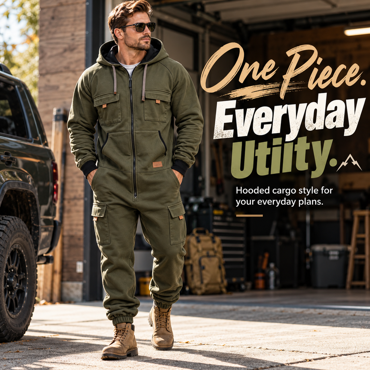 🛠️ Men's Utility Cargo Jumpsuit – Hooded Zip-Front One-Piece Workwear with Multiple Pockets