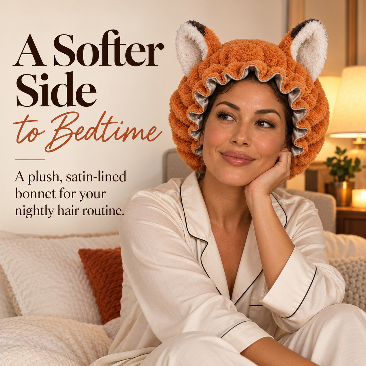🦊 Plush Fox Ear Sleep Bonnet – Satin Lined & Adjustable for Gentle Hair Care ✨